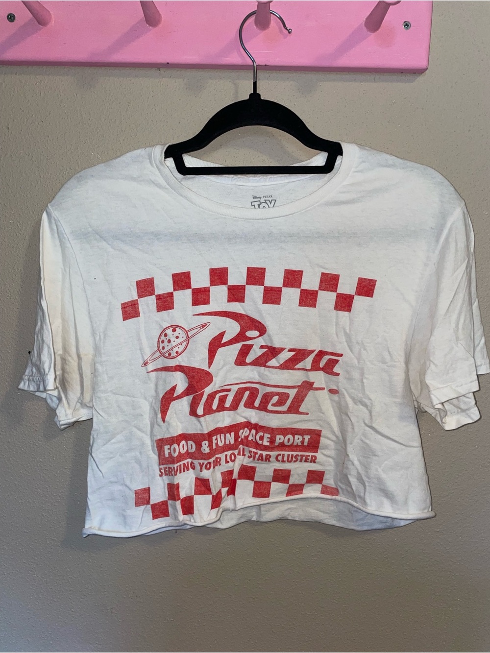 Target White Crop Tee with Red Pizza Planet Graphic